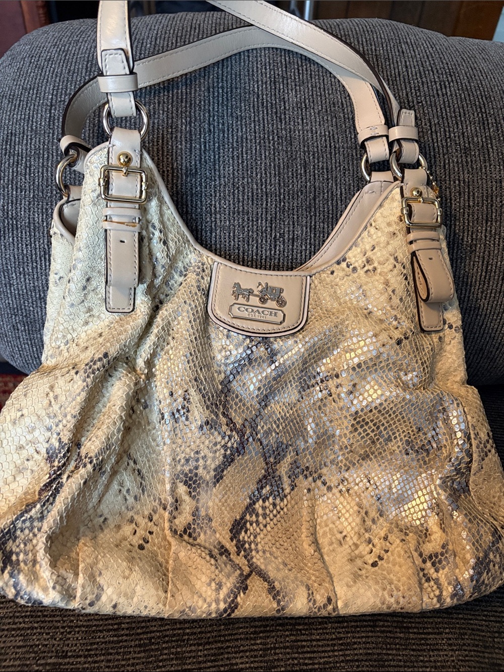 Coach Cream Snakeskin-Embossed Hobo Bag with Metallic Accents M1226-23751E